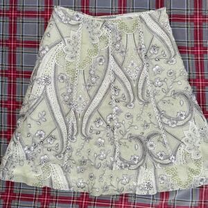 Ann Taylor Paisley Skirt Womens 2 Green Excellent Floral Embroidered A-Line